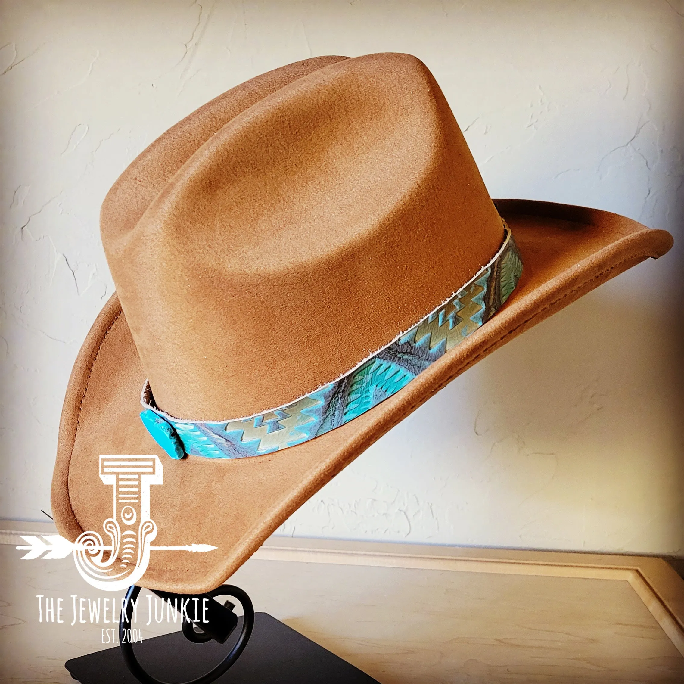 **Aztec Cyan Embossed Leather Hat Band Only w/ Turquoise Slab 951s