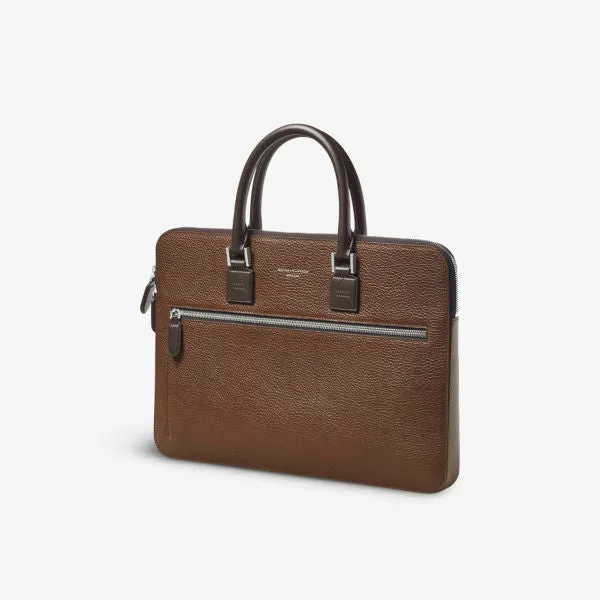 Double-handled grained leather briefcase with Aspinal Of London logo tobacco color