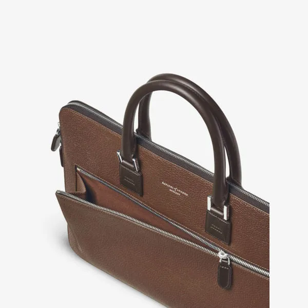 Double-handled grained leather briefcase with Aspinal Of London logo tobacco color