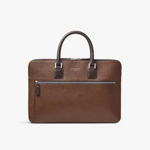 Double-handled grained leather briefcase with Aspinal Of London logo tobacco color