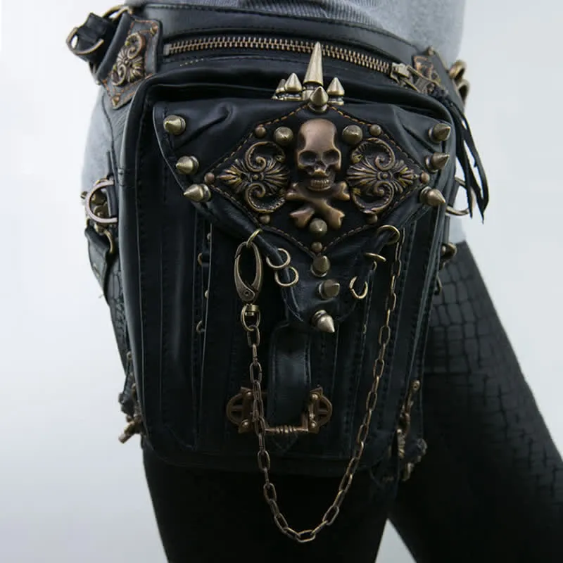 Gothic Retro Steampunk Skull & Studded Crossbody Waist Bag