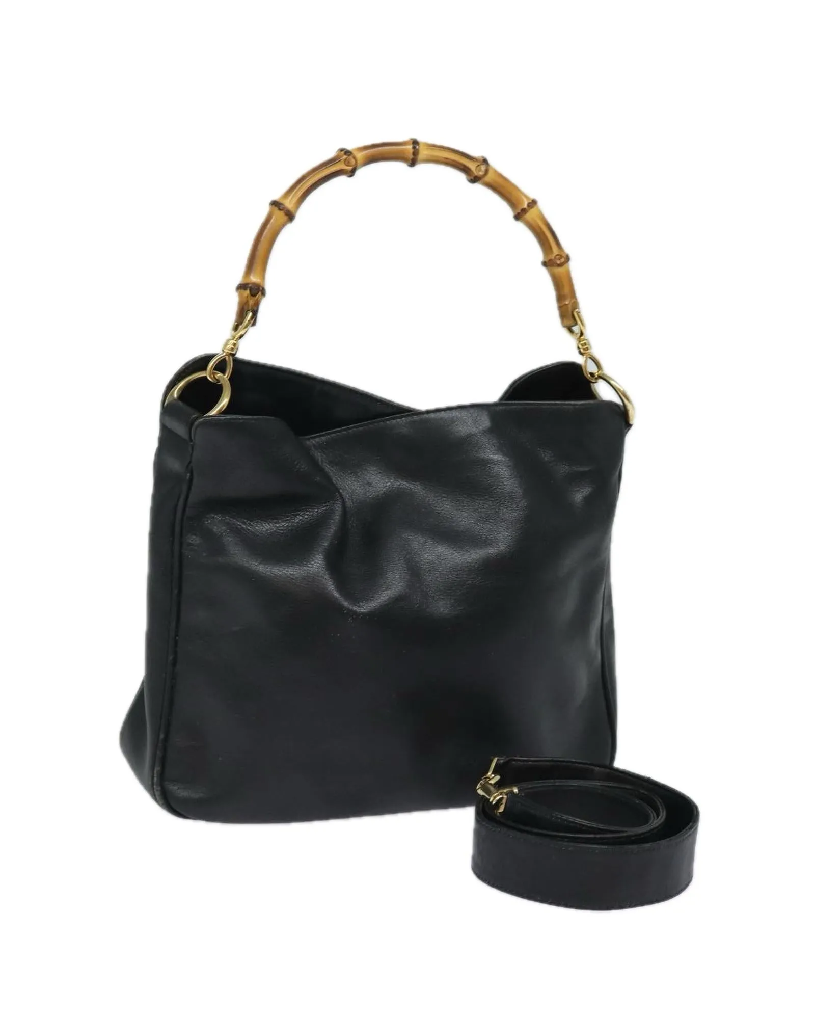 Leather Bamboo Shoulder Bag with 2-Way Design and Shoulder Strap