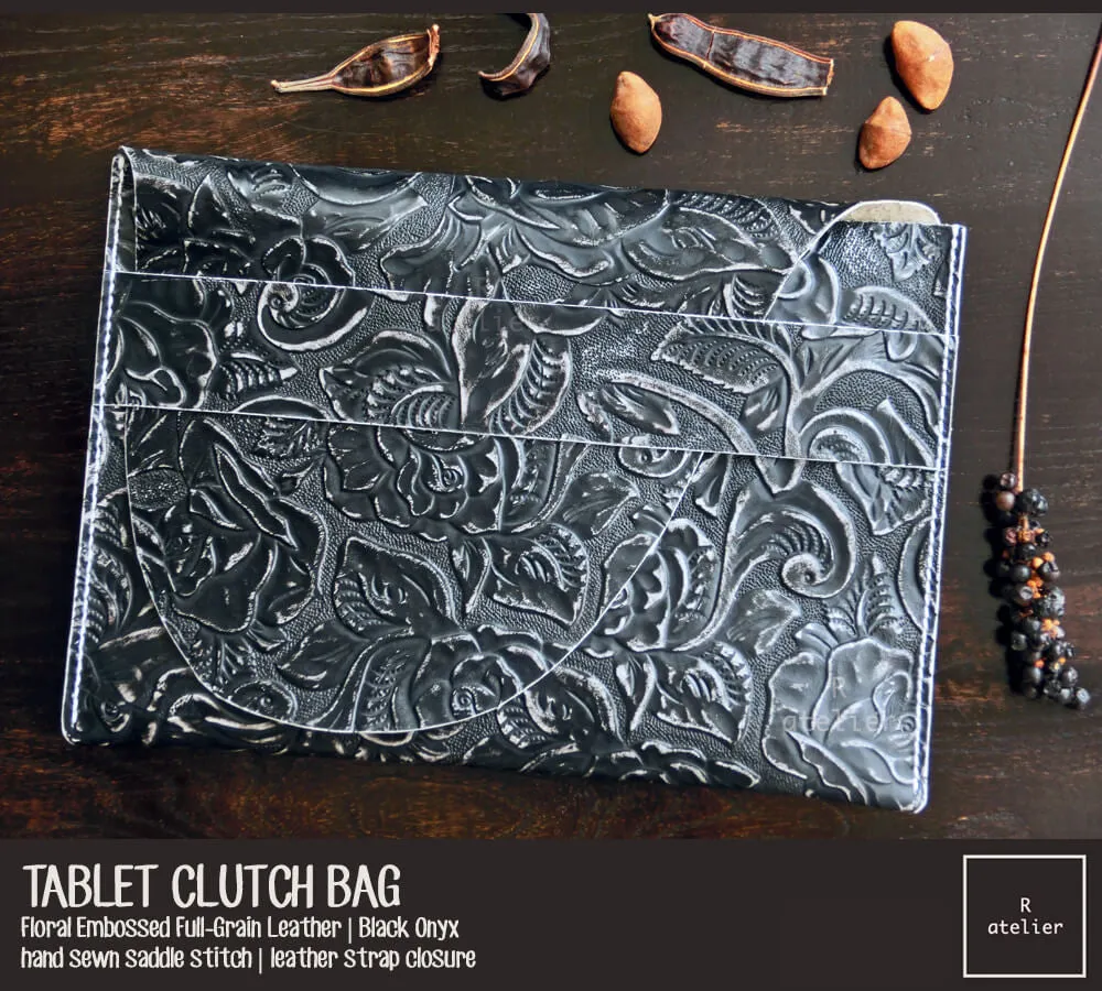 Leather Tablet Clutch Bag | Floral Embossed Black Onyx Full Grain Leather