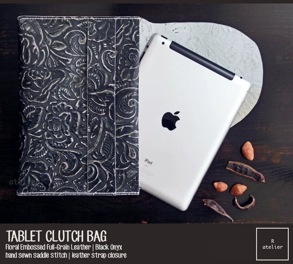 Leather Tablet Clutch Bag | Floral Embossed Black Onyx Full Grain Leather