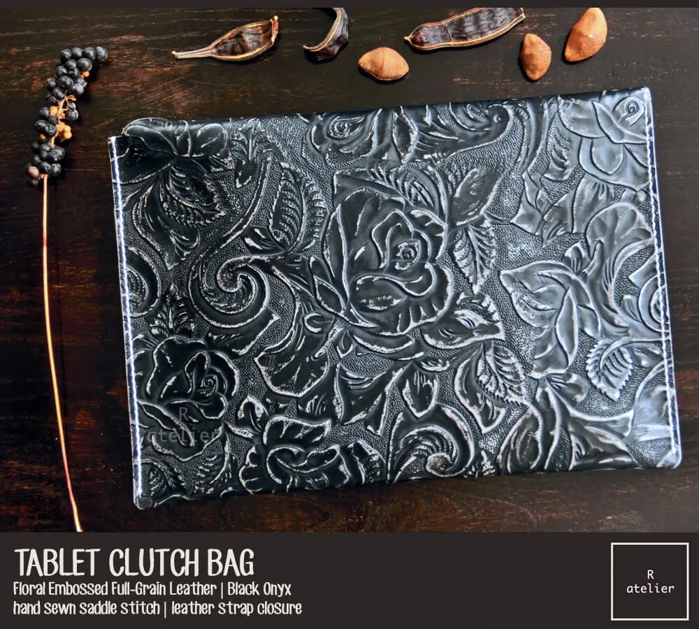 Leather Tablet Clutch Bag | Floral Embossed Black Onyx Full Grain Leather