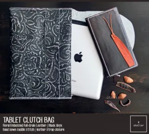 Leather Tablet Clutch Bag | Floral Embossed Black Onyx Full Grain Leather