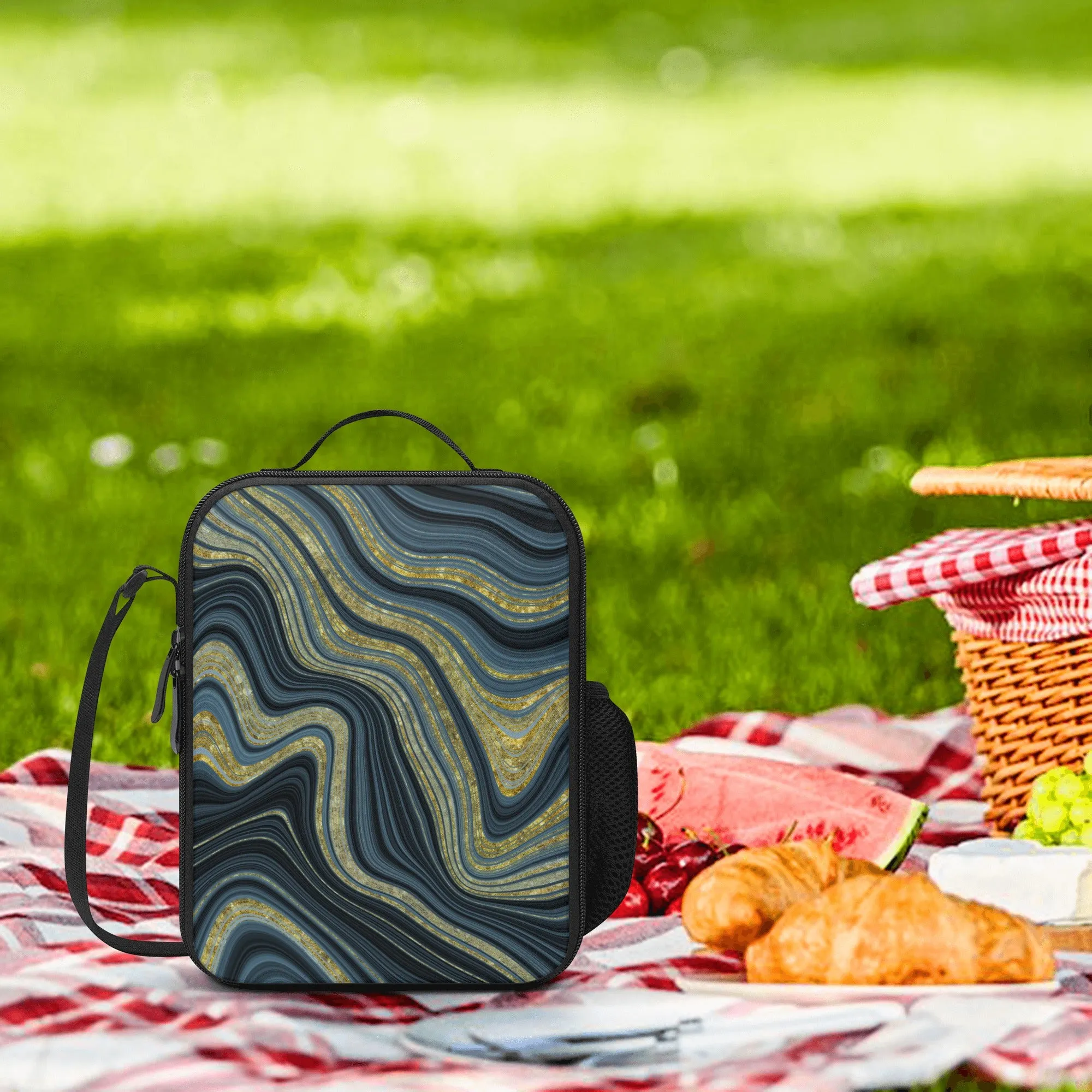 Lunch Bag-All-Over Print-Lunch Box Bag with Bottle Holder-Spacious-Blue Marble Print