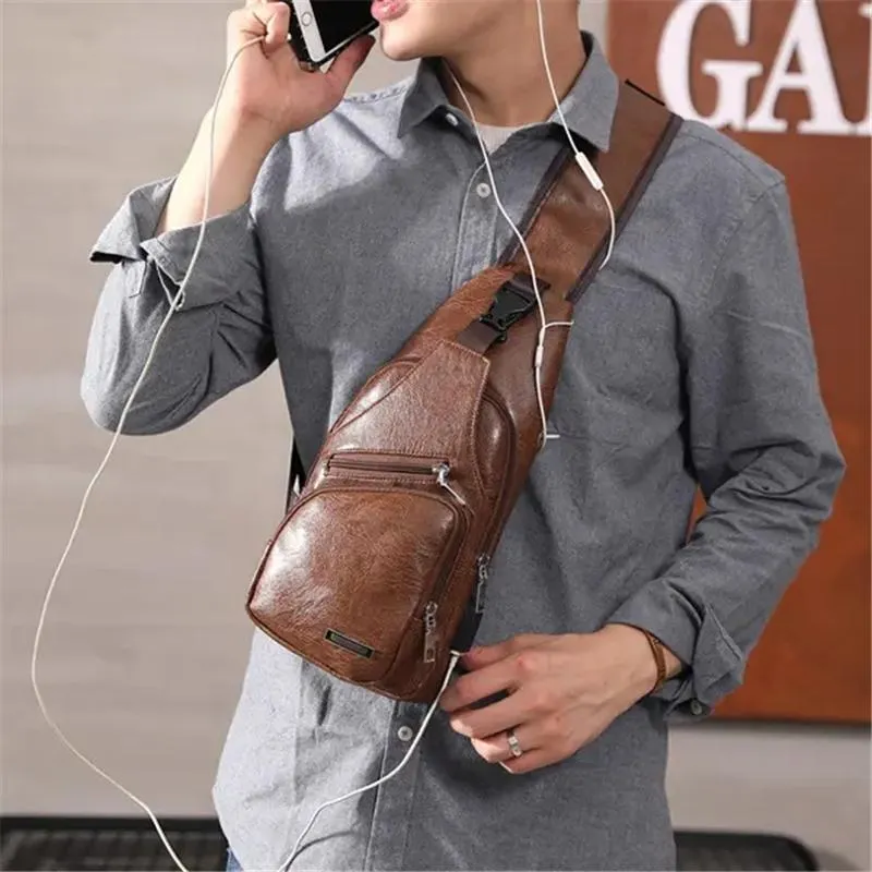 Men’s Outdoor Resistant Anti Theft Chest Bag Sling Bag With Headphone Jack And USB Charging Port