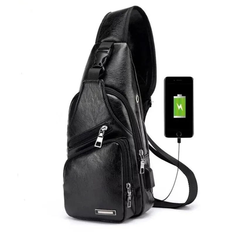 Men’s Outdoor Resistant Anti Theft Chest Bag Sling Bag With Headphone Jack And USB Charging Port