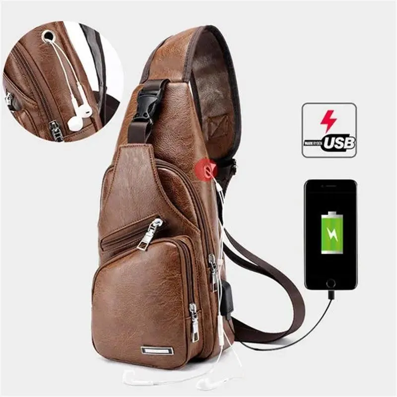 Men’s Outdoor Resistant Anti Theft Chest Bag Sling Bag With Headphone Jack And USB Charging Port