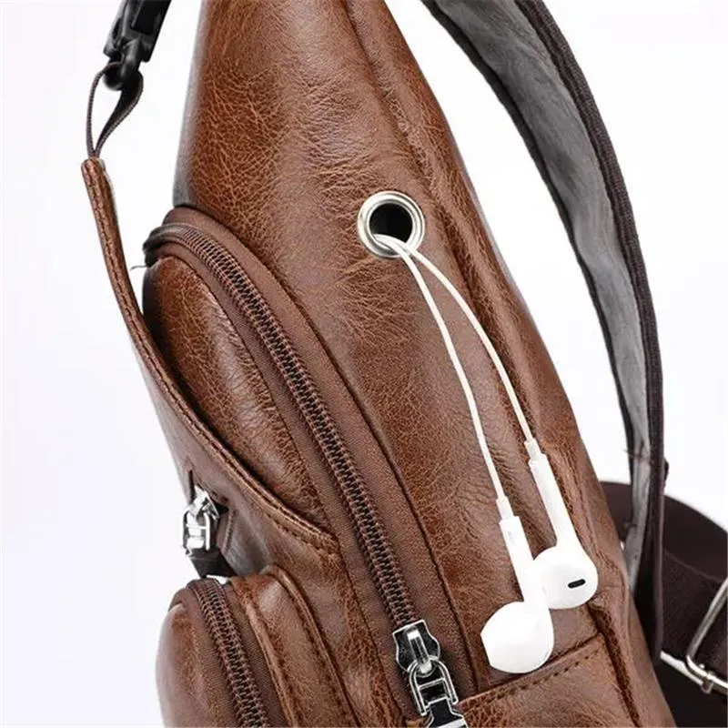 Men’s Outdoor Resistant Anti Theft Chest Bag Sling Bag With Headphone Jack And USB Charging Port