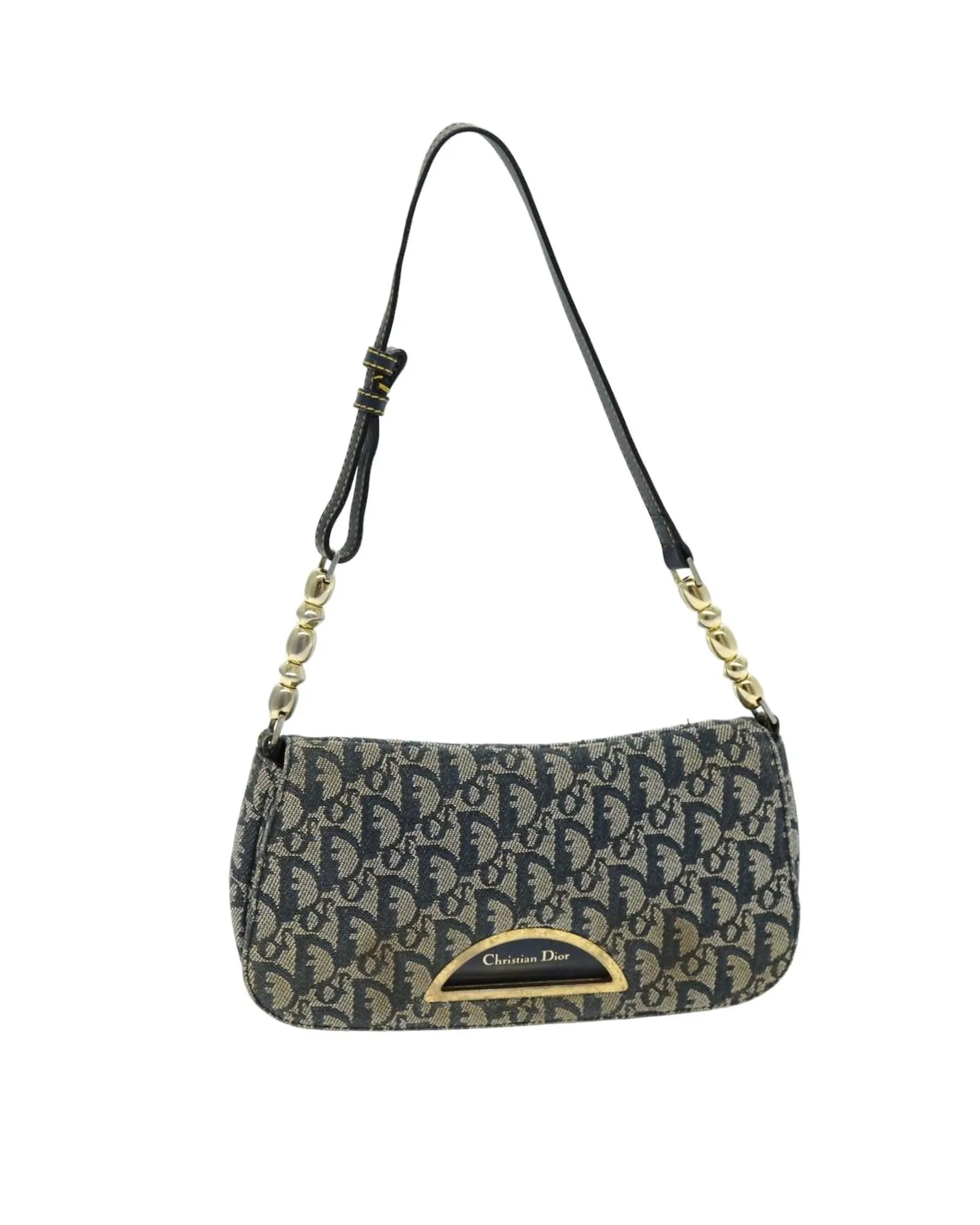 Navy Trotter Canvas Shoulder Bag with Pearl Detailing