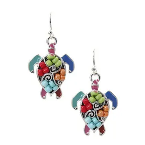 Seed Beaded Silver Sea Turtle Earrings