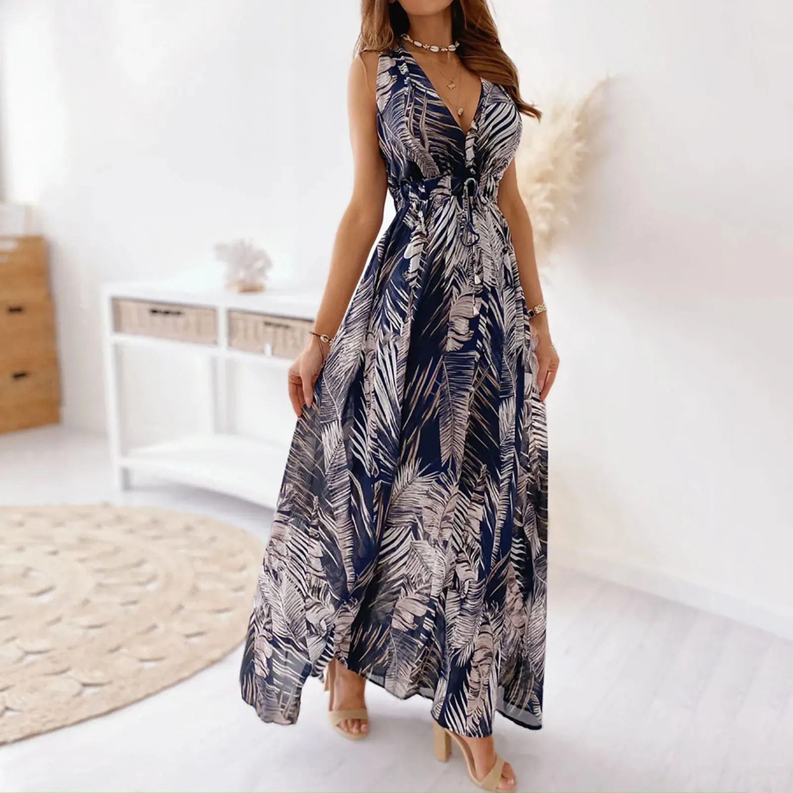 Strapless Lace-Up Backless A-Line Sleeveless Beach Party Flowy Casual Bohemian Dress