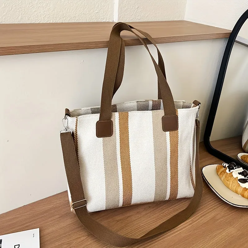 Striped Large Capacity Women's Bag New Style Fashion Commuting Casual Stylish Hand-held Tote Shoulder Messenger Bag Simple Top Handle Bag Ladies Nylon Handbag Casual Women's Large Shopping Bag