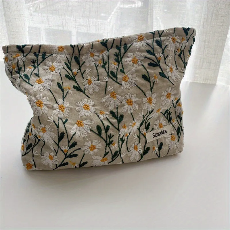 Stylish Daisy Embroidered Makeup Pouch for Travel  Toiletries