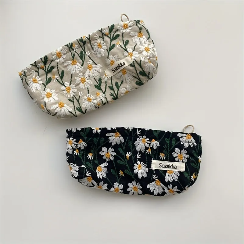 Stylish Daisy Embroidered Makeup Pouch for Travel  Toiletries